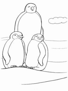 דף צביעה ציור של פינגווין עם שני גוזלים קטנים לצביעה