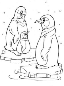 דף צביעה ציור של אבא ואמא פינגווין עם גוזל לצביעה