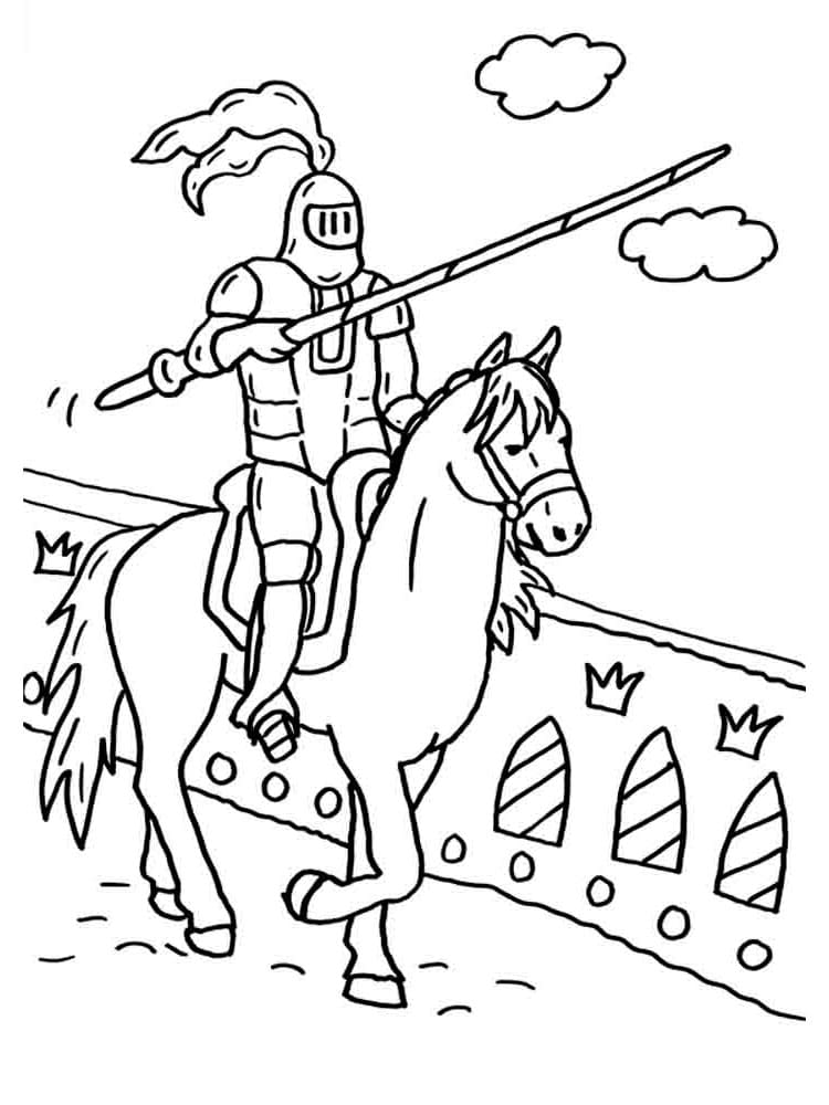 דף צביעה של אביר עם סוס על גשר