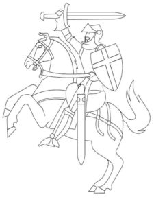 דף צביעה ציור לצביעה של אביר רוכב על סוס ומתכונן למלחמה