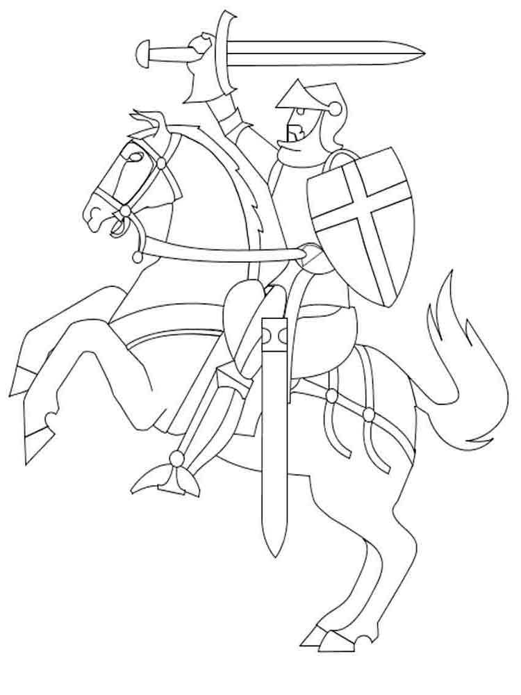 ציור לצביעה של אביר רוכב על סוס ומתכונן למלחמה