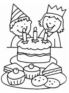 דף צביעה ציור של ילדים חוגגים יום הולדת עם עוגה לצביעה