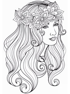 דף צביעה ציור פנים של אישה צעירה עם זר פרחים לראשה