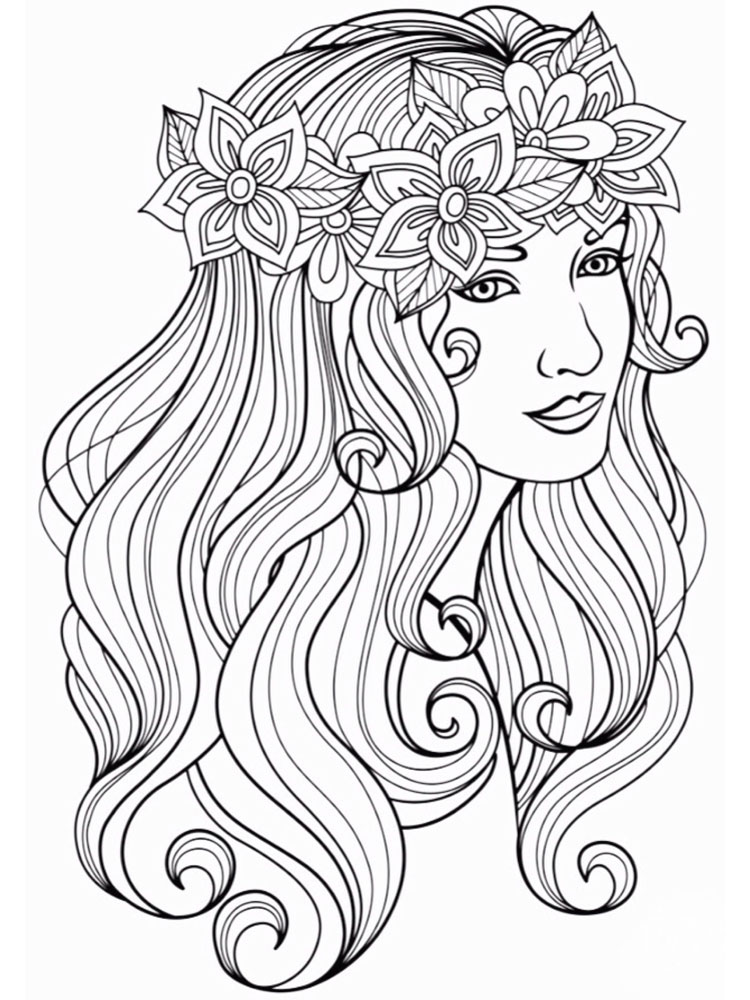 ציור פנים של אישה צעירה עם זר פרחים לראשה