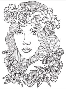 דף צביעה ציור של פנים של אישה עם פרחים על ראשה לצביעה