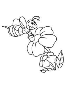 דף צביעה ציור חמוד של דבורה ליד פרח עם דלי ביד לצביעה