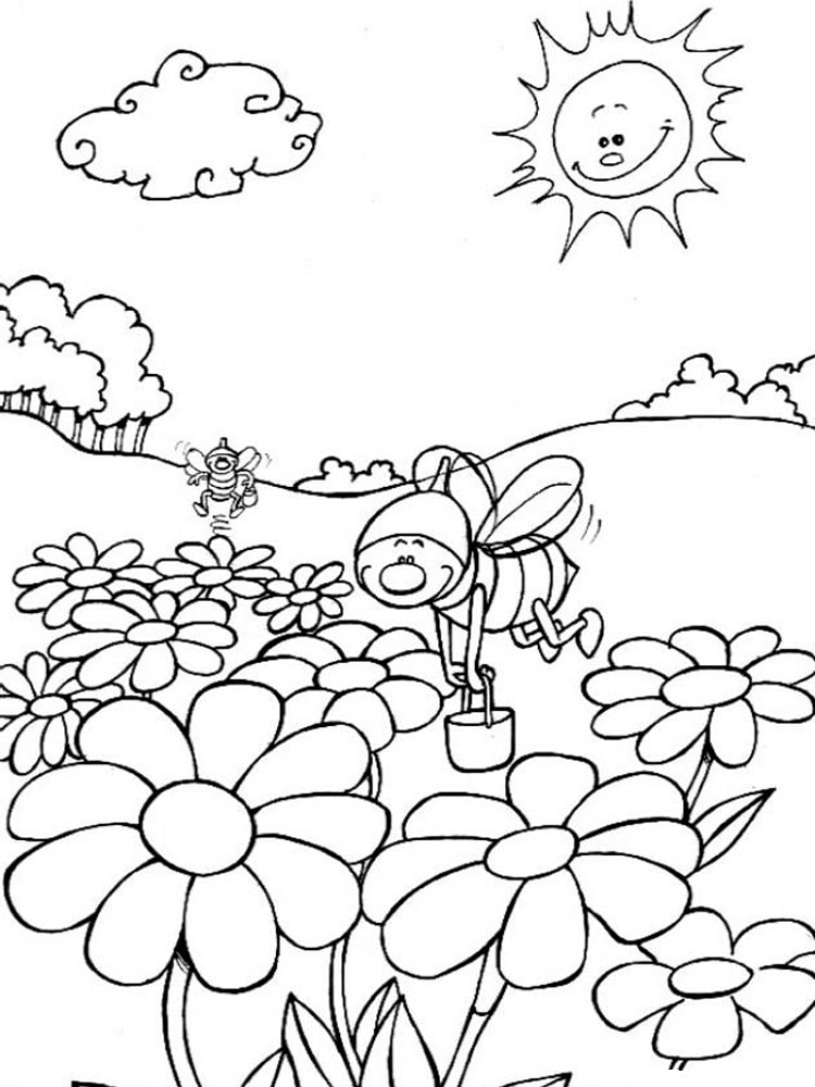 דף צביעה עם ציור של דבורה אוספת צוף בשה פרחים מואר