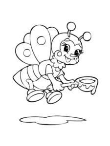 דף צביעה ציור של דבורה חמודה עם כפית דבש לצביעה