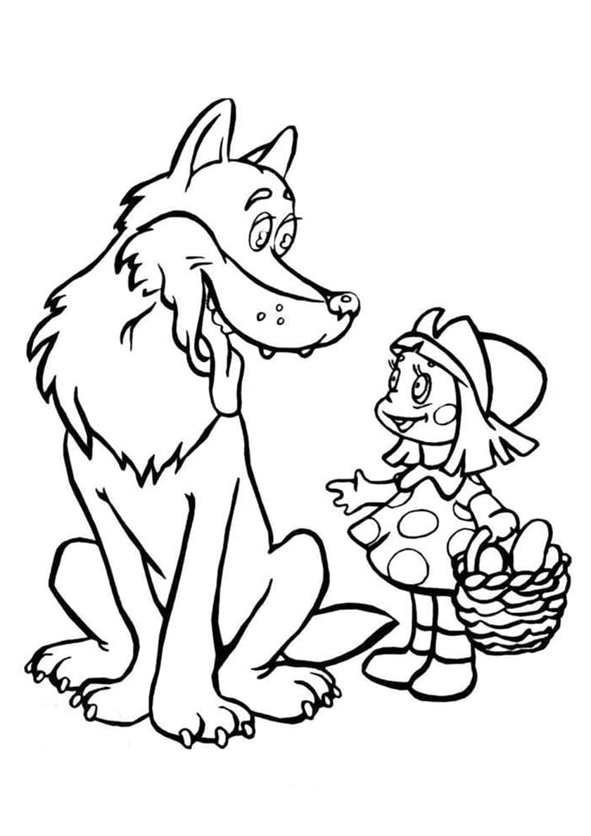 דף צביעה ציור של זאב עם ילדת כיפה אדומה לצביעה