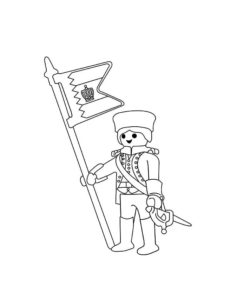 דף צביעה ציור של לוחם פליימוביל עם דגל לצביעה
