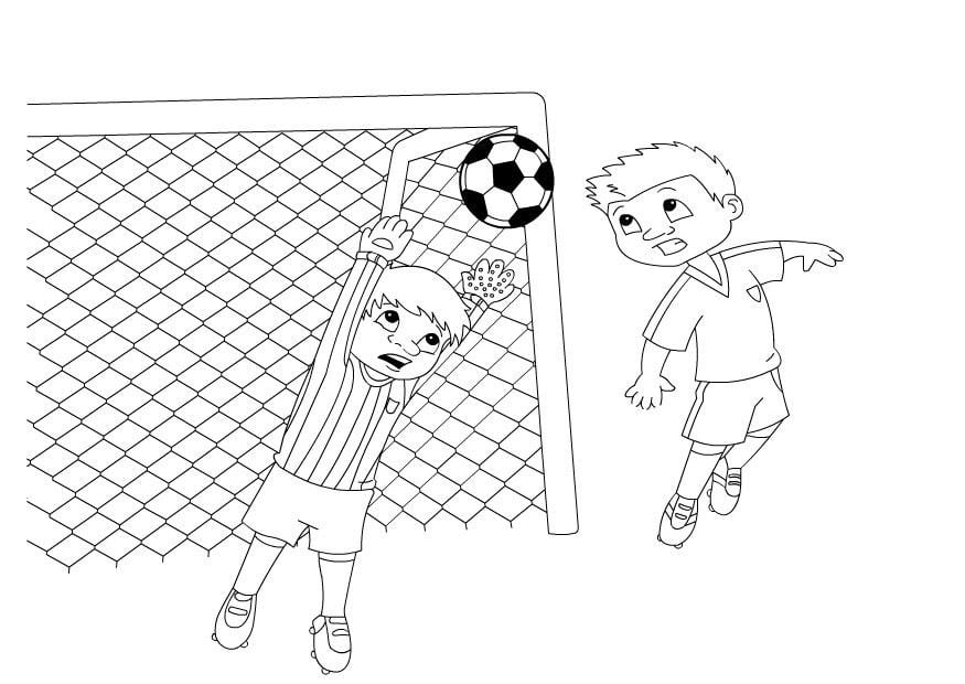 דף צביעה ציור לצביעה של ילד מנסה לתפוס כדורגל לפני שנכנס לרשת