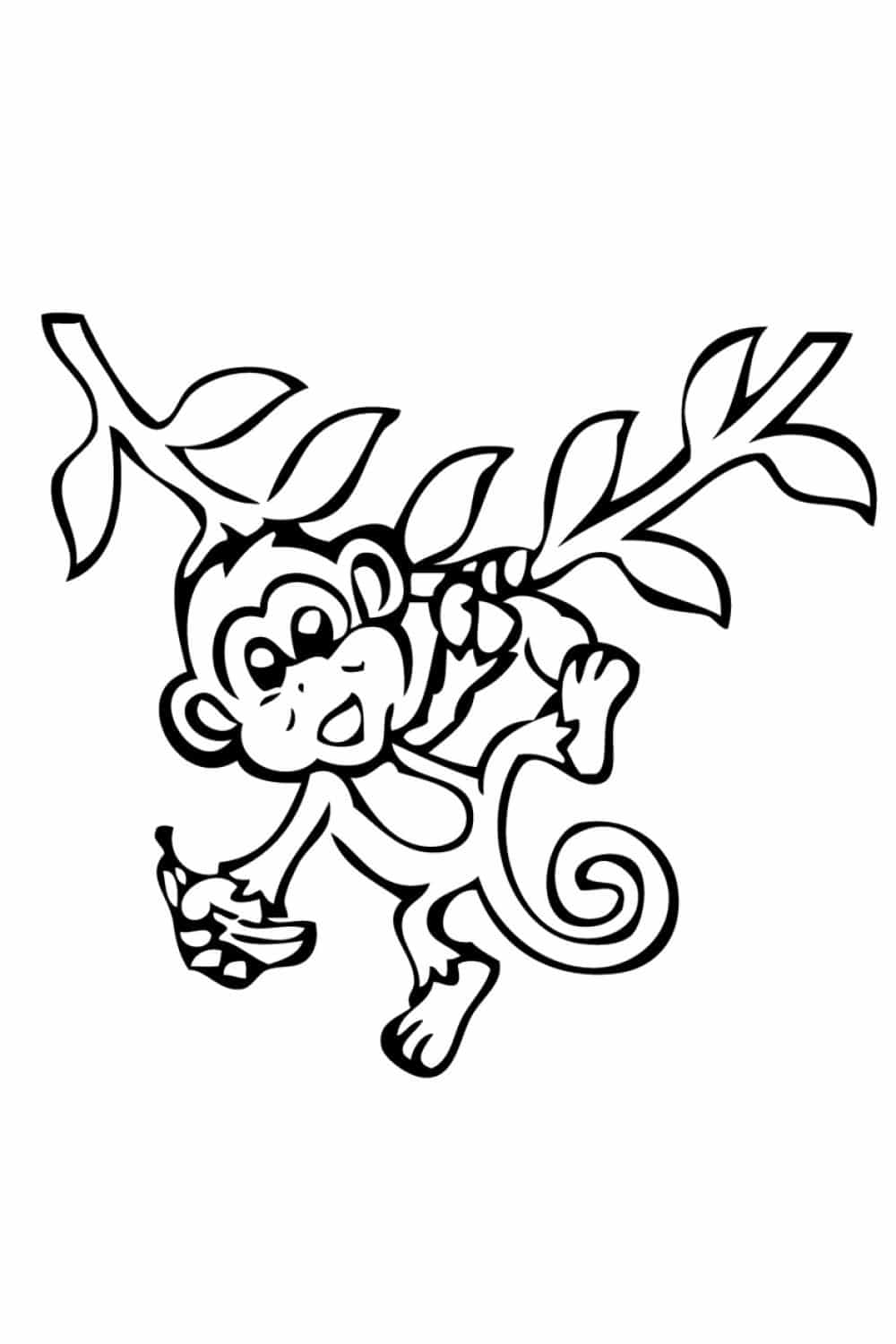 דף צביעה ציור לצביעה של קופיף תלוי על עץ עם בננה ביד