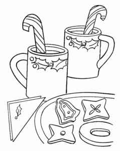 דף צביעה ציור של צלחת עוגיות ושתייה חמה לצביעה