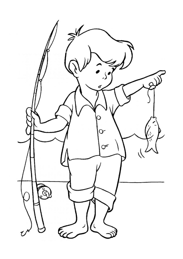 דף צביעה דף צביעה עם ילד שדג דגים