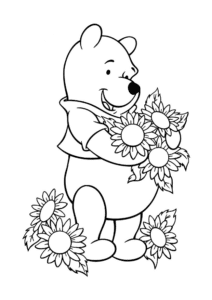 דף צביעה פו הדוב עם הפרחים
