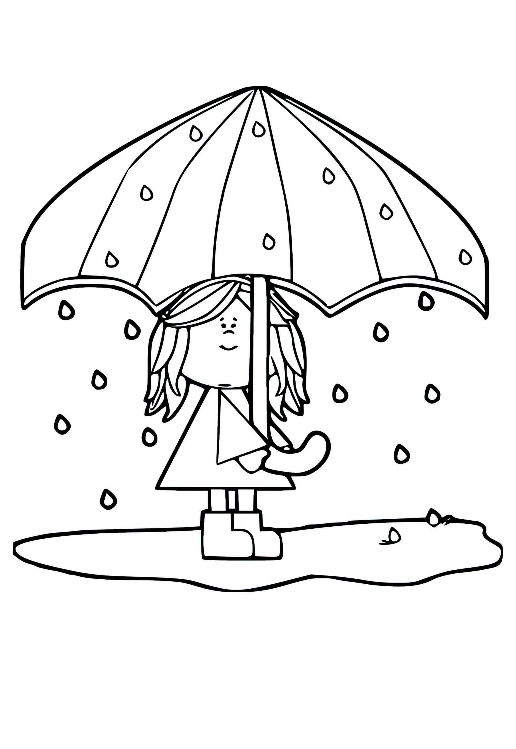 דף צביעה ילדה בשלולית תחת מטריה