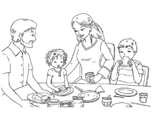 דף צביעה המשפחה מכינה ארוחת בוקר
