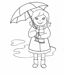 דף צביעה ילדה הולכת תחת מטריה