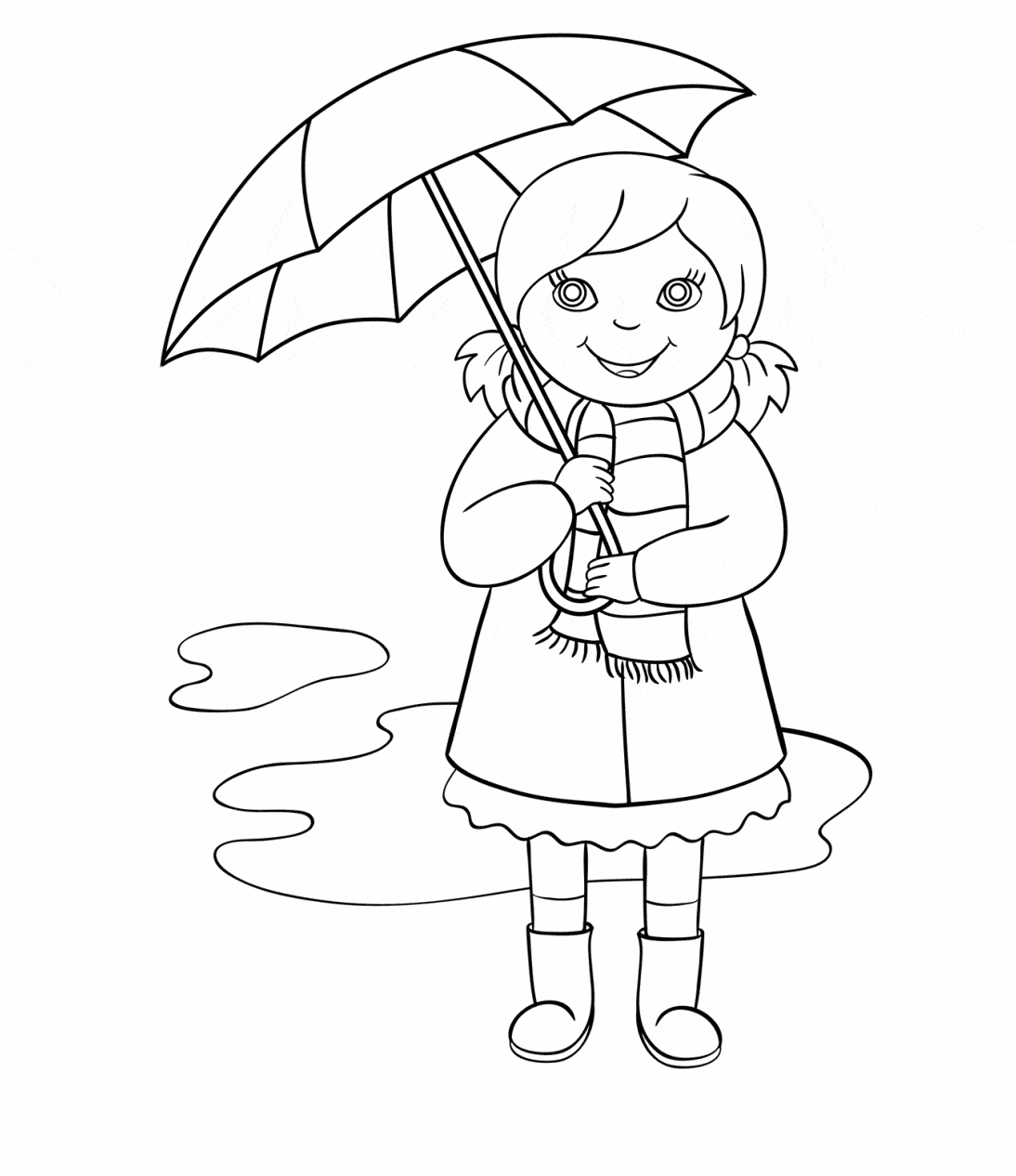 דף צביעה ילדה הולכת תחת מטריה
