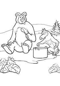דף צביעה דוב וזאב מכינים מרק
