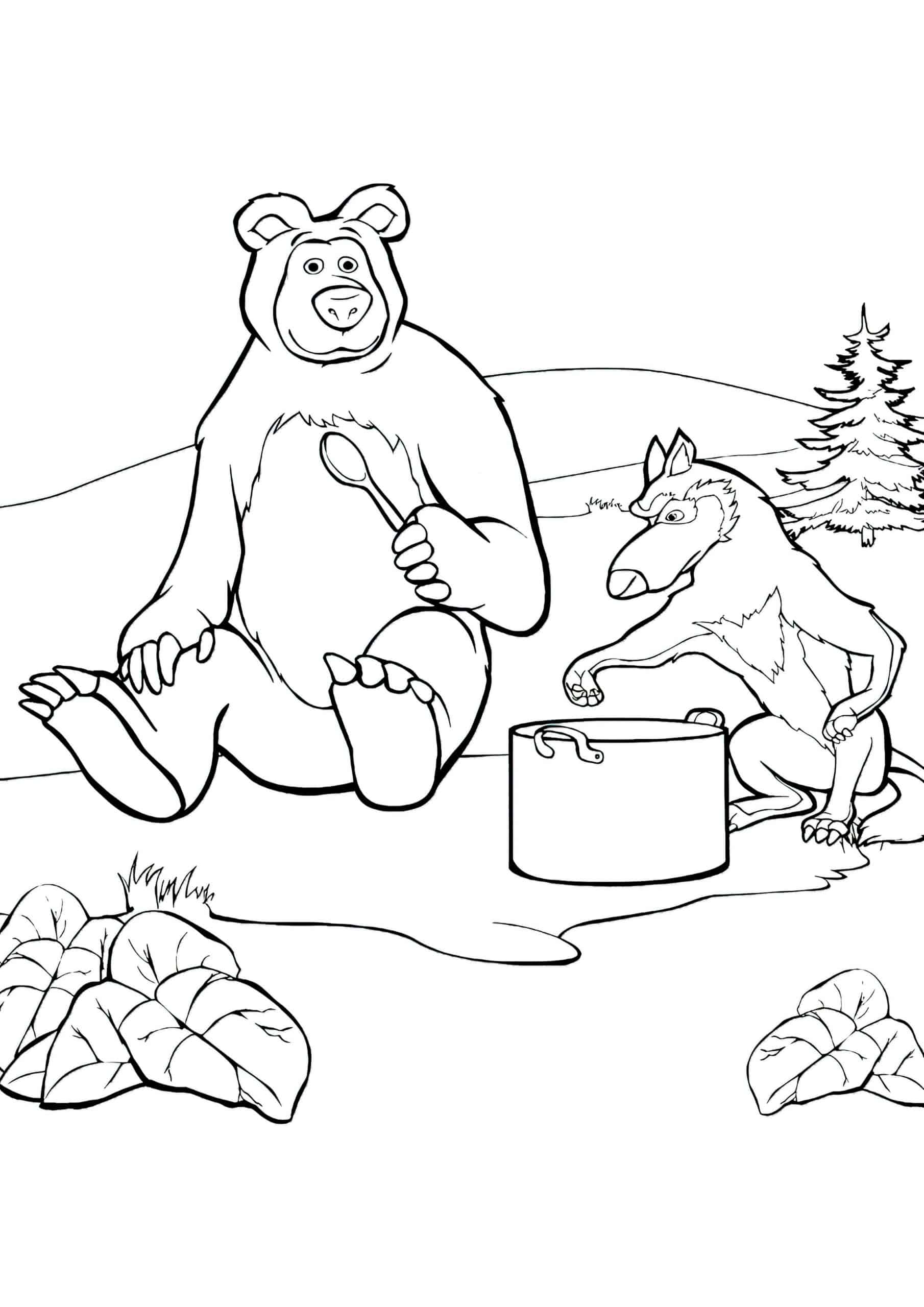 דף צביעה דוב וזאב מכינים מרק