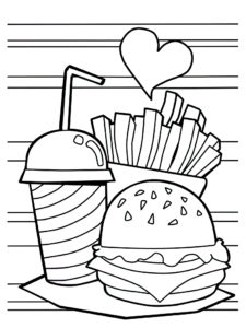 דף צביעה המבורגר עם קולה וצ’יפס