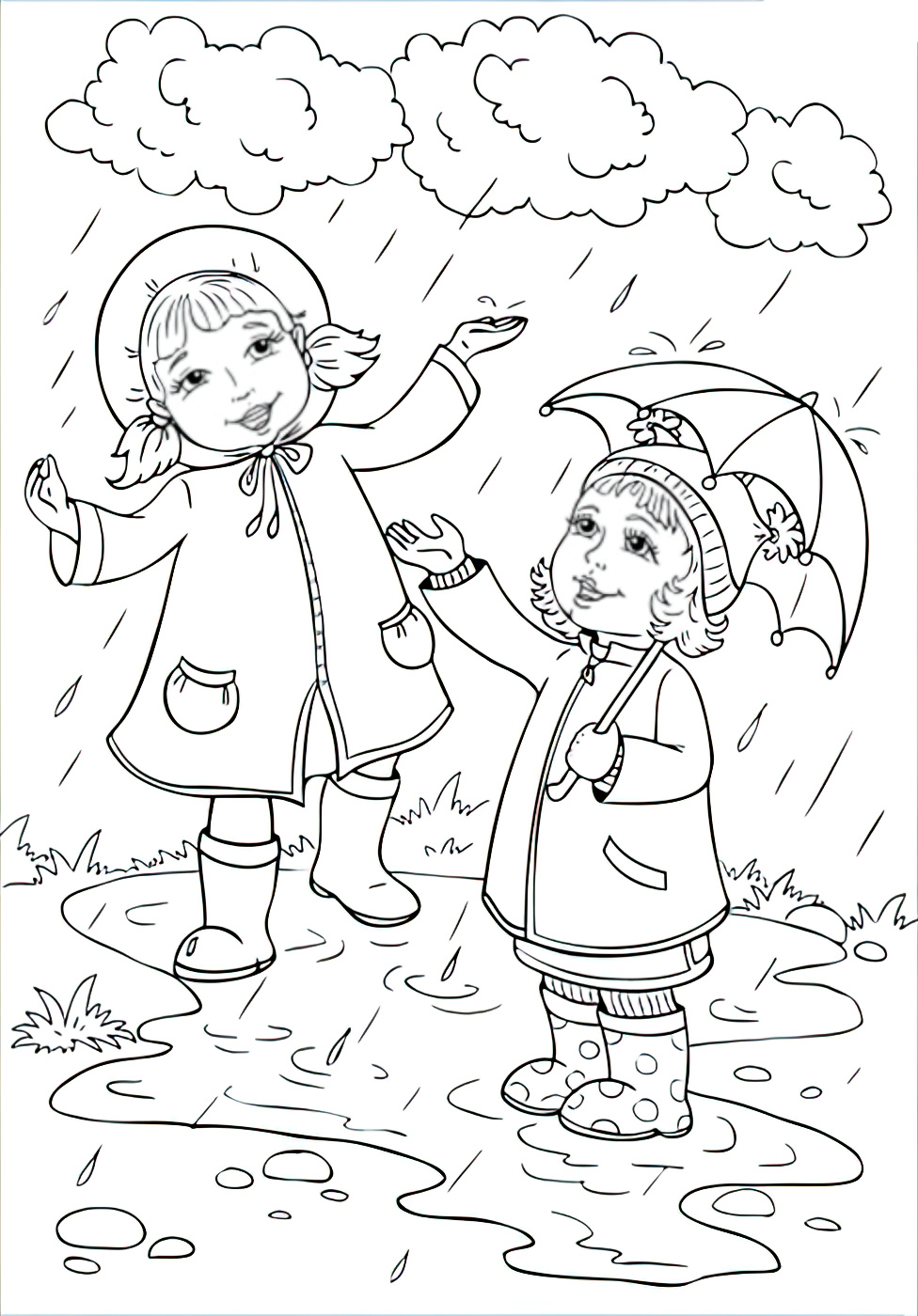 דף צביעה ילדים שמחים בגשם