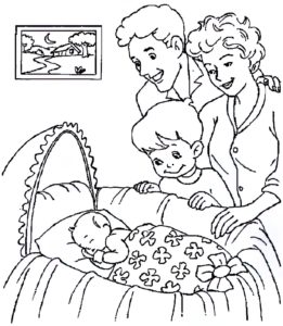 דף צביעה המשפחה מסתכלת על התינוק