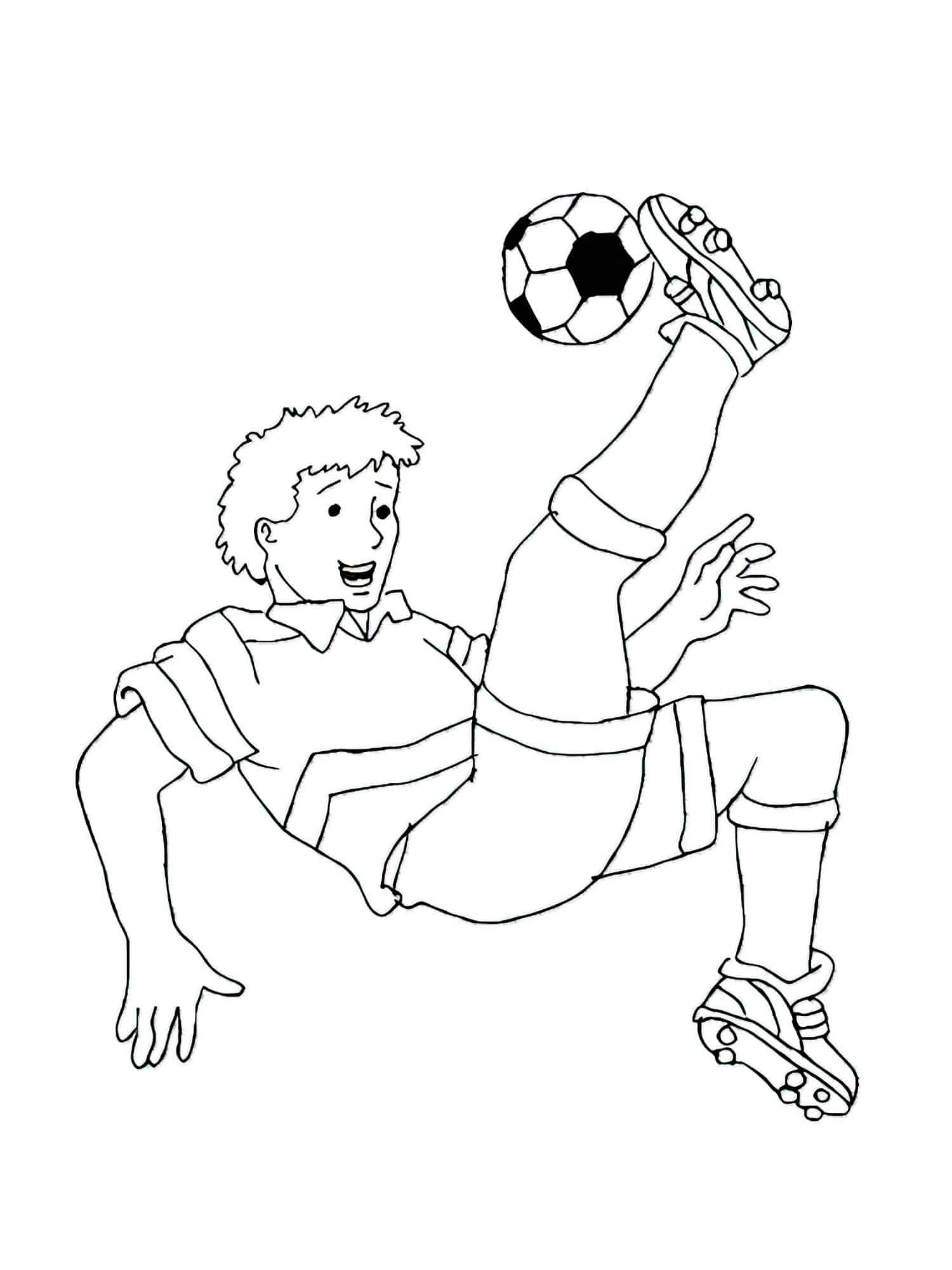 דף צביעה שחקן כדורגל מכה את הכדור ונופל