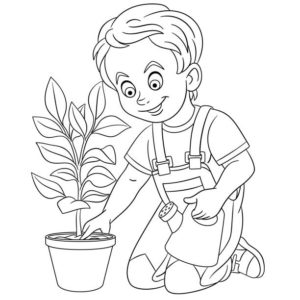 דף צביעה ילד נוטע צמח בעציץ