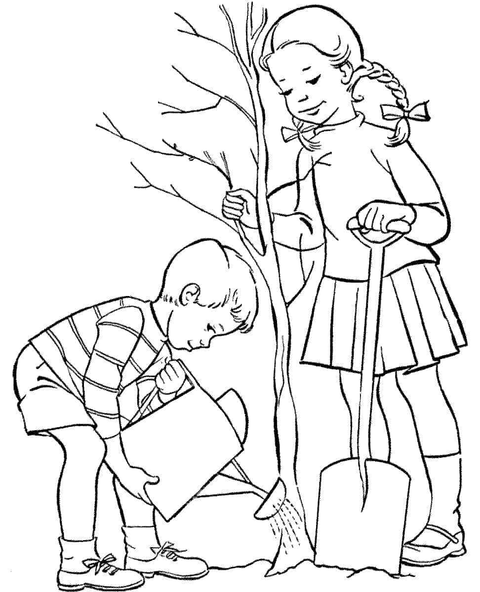 דף צביעה ילדים נוטעים עצים